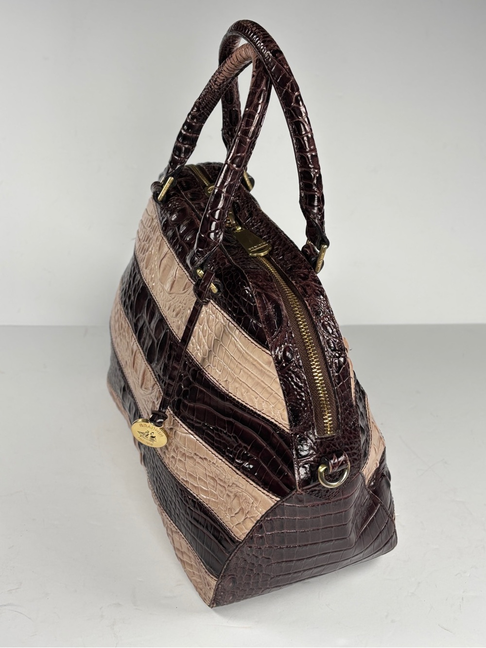 Brahmin Striped Dome Croc-Embossed Satchel Bag in Dark Brown and Beige - Picture 8 of 16